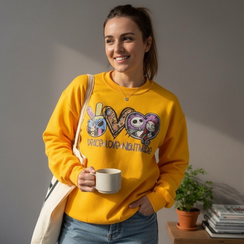 Peace Love Nightmare Sweatshirt – Yellow Unisex Crewneck Pullov